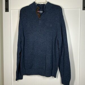 Chaps Henley Sweater Mens L‎ Navy Button Mock Neck Pullover Elbow Patch Preppy